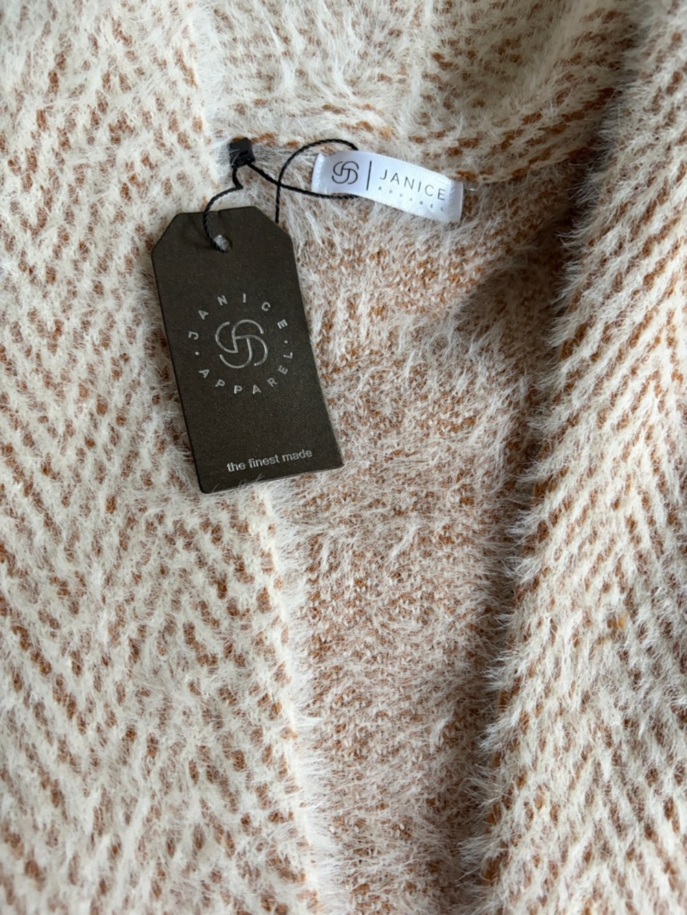 Janice Apparel Cream & Tan Fuzzy V-Neck Jacket